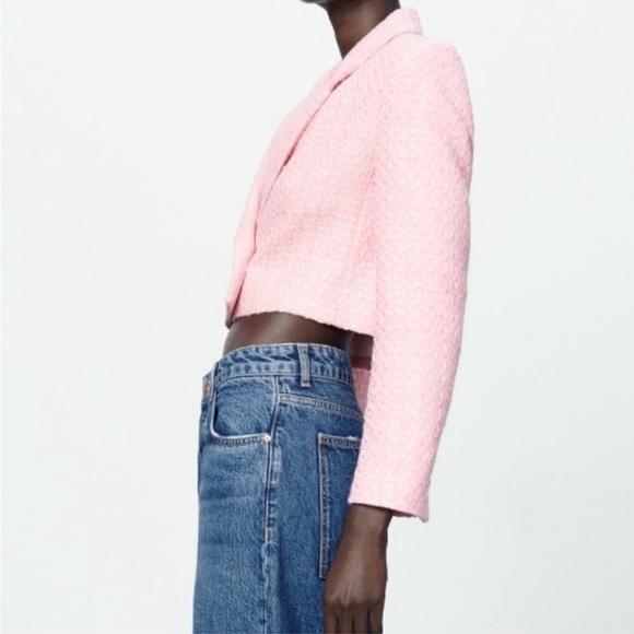 Zara Tweed Textured Structured Weave Cropped Blazer Pink Size Large Valentines - Picture 6 of 9